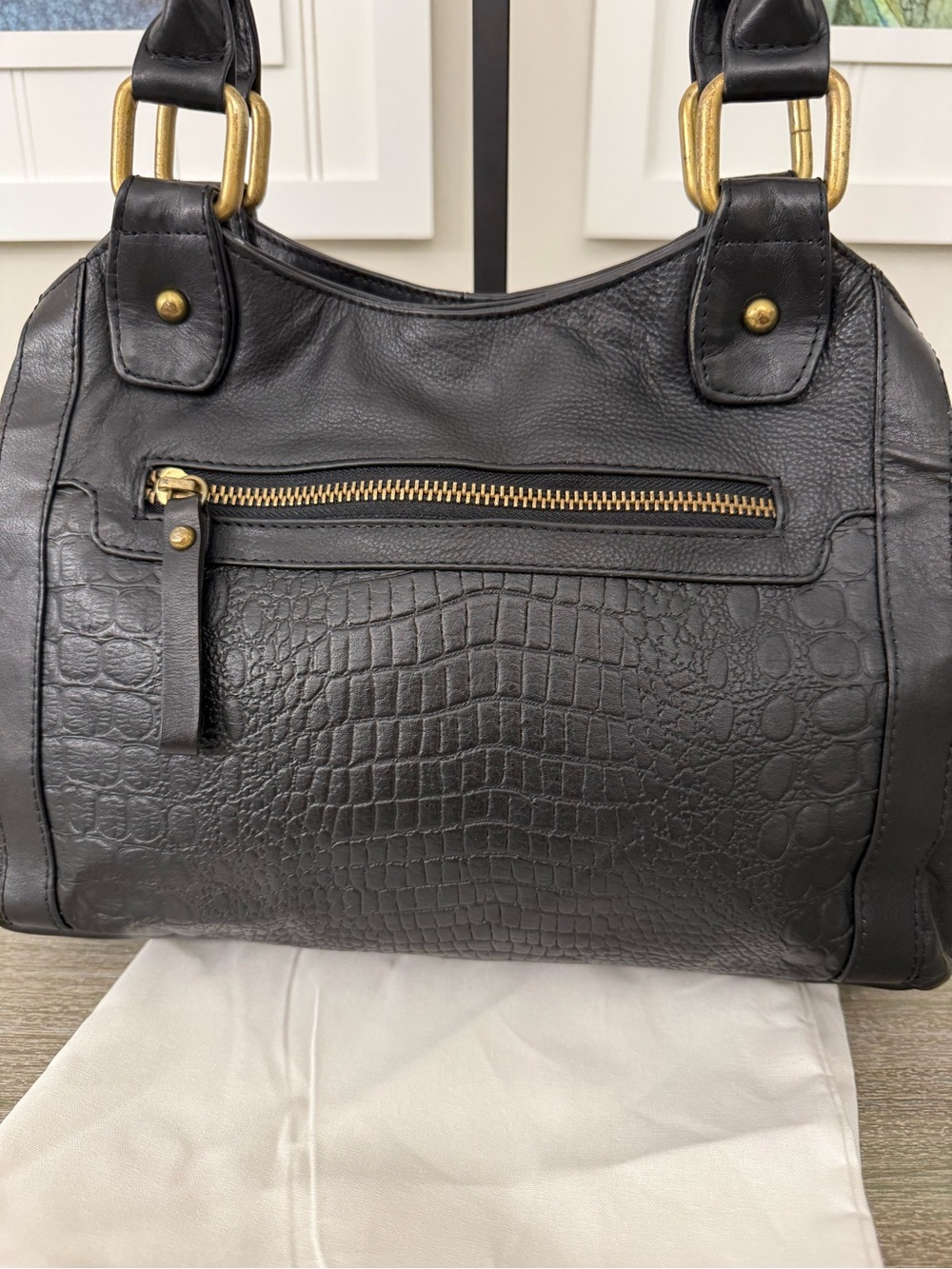Vintage Black Croc-Embossed Leather Grunge Utility Shoulder Bag - Picture 3 of 16